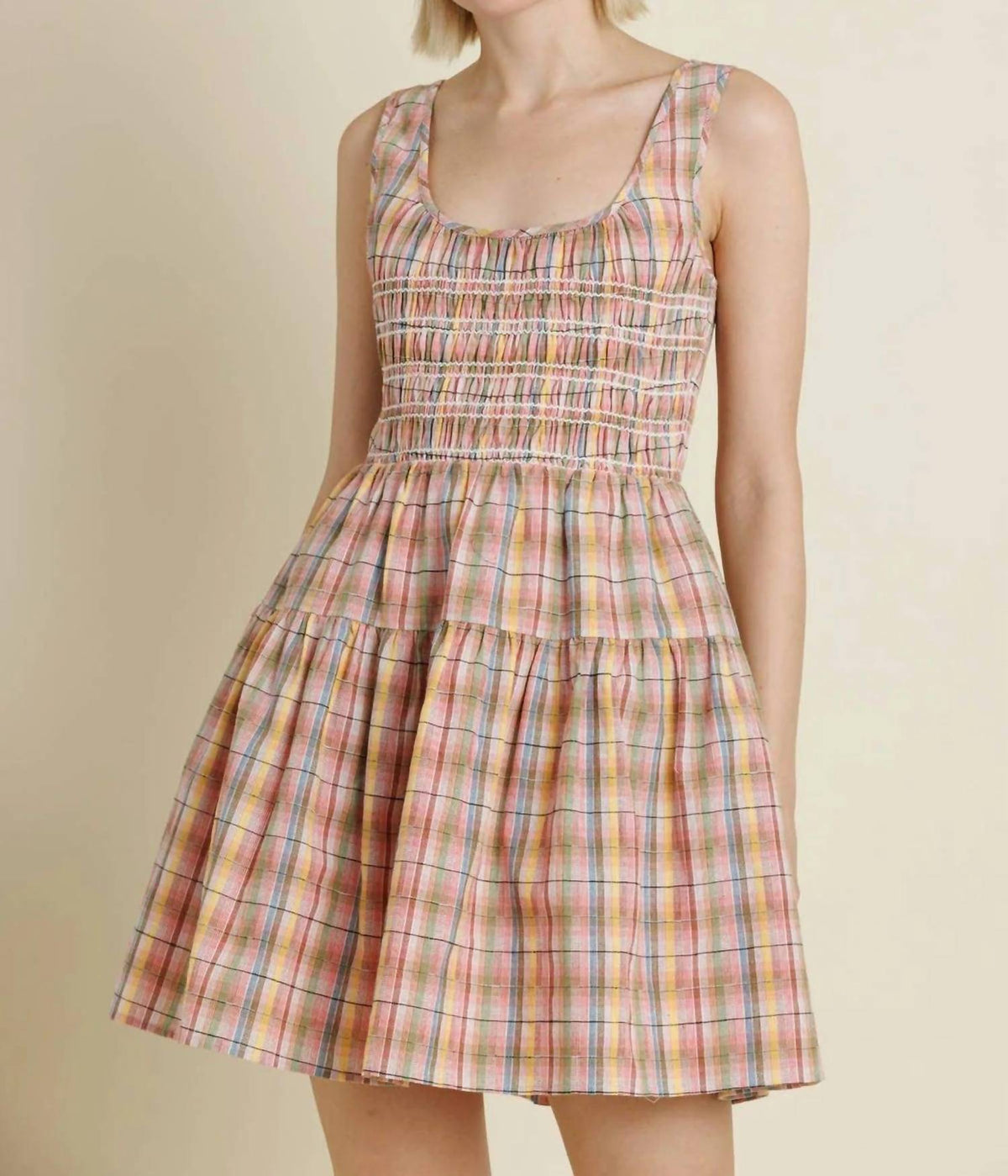 Aureum - Smocked Plaid Mini Dress
