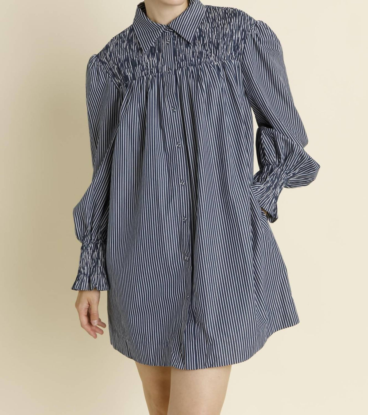 Aureum - Smocked Stripe Shirt Dress