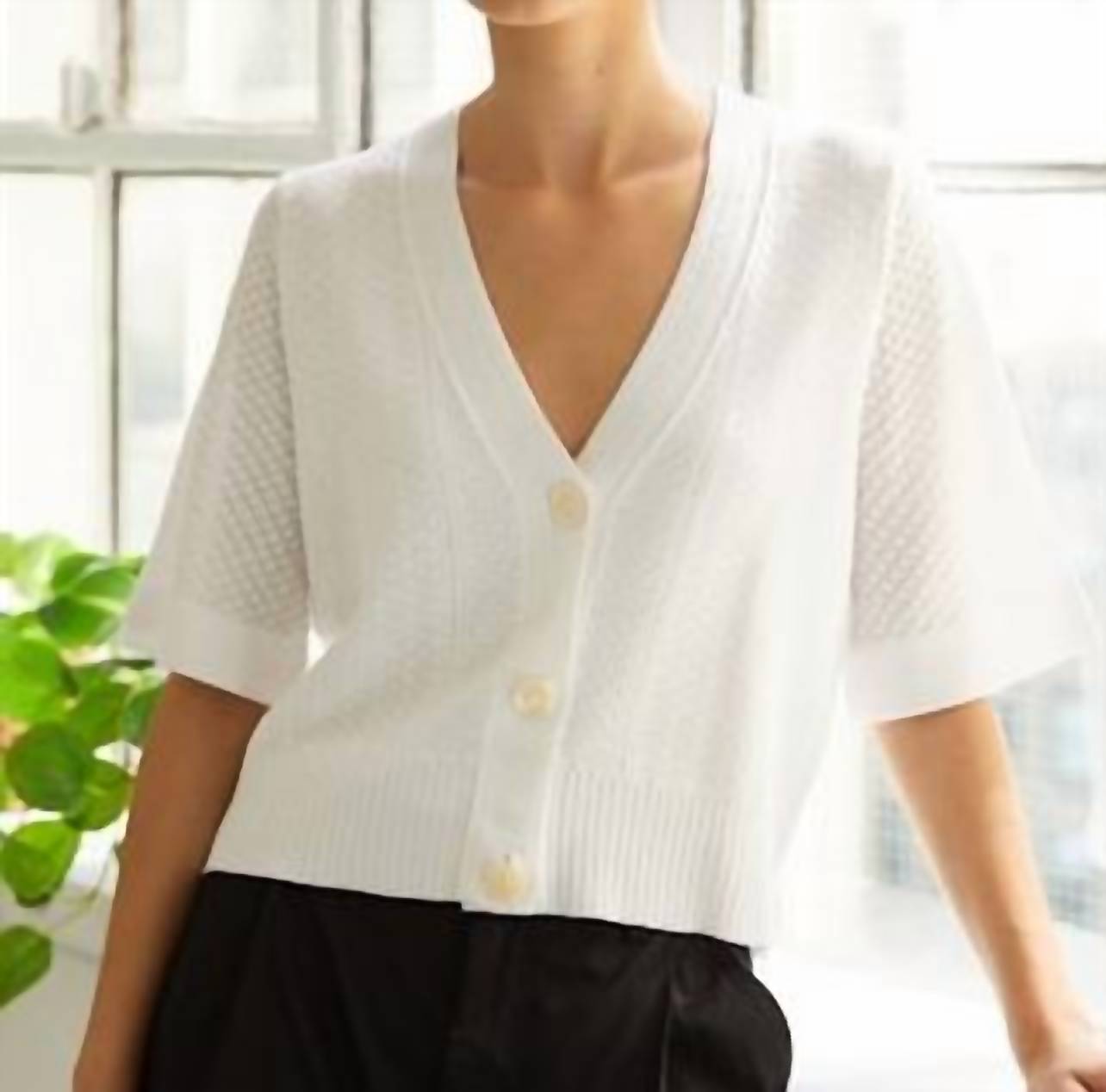 Autumn Cashmere - Pointelle Cropped V - neck Cardigan - cardigans - clothing - shirts