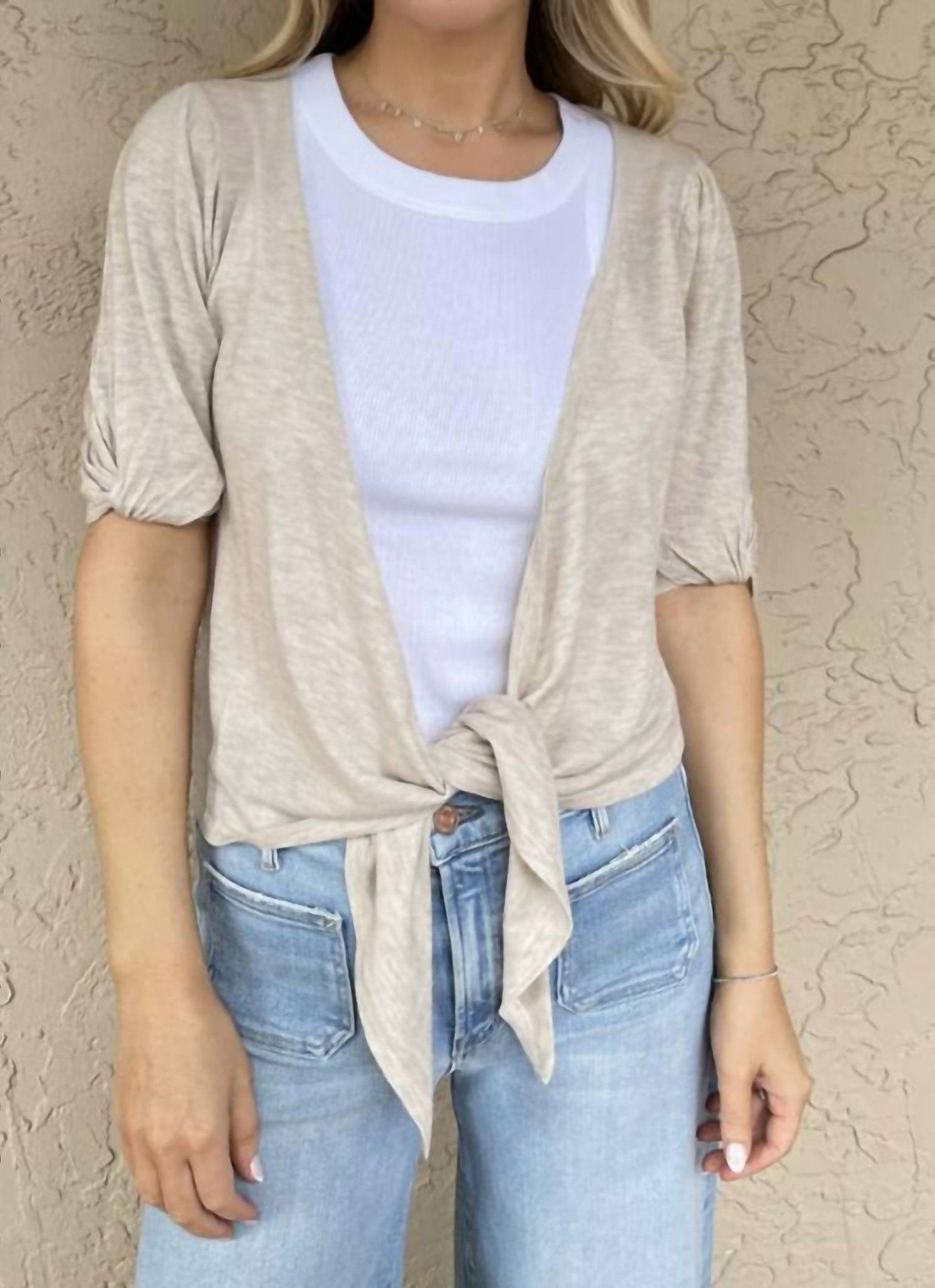 Autumn Cashmere - Twist Knot Cuff Tie Front Top - beige - blouses - cashmere