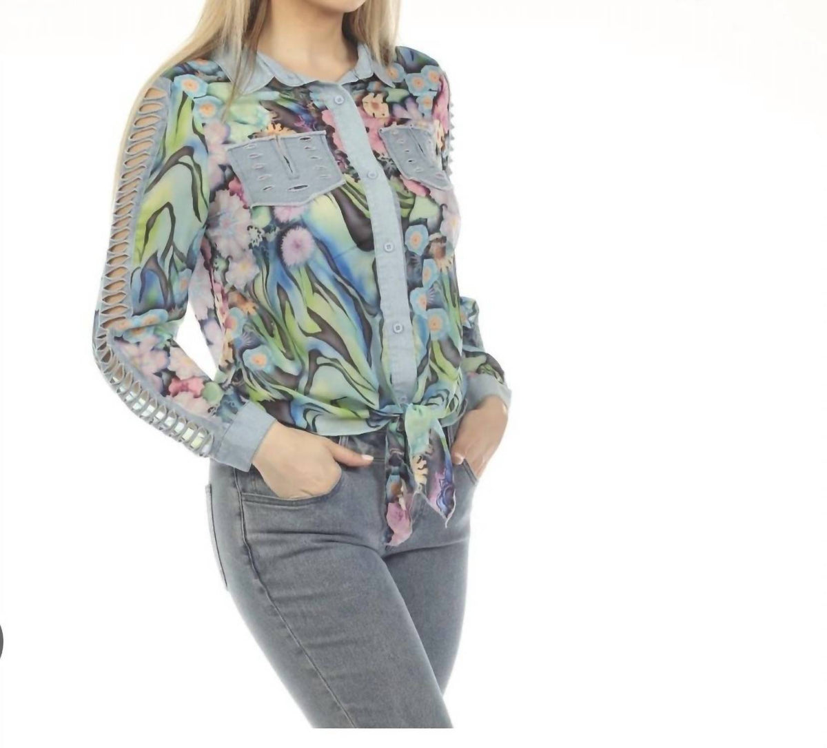 Azi - Denim floral blouse