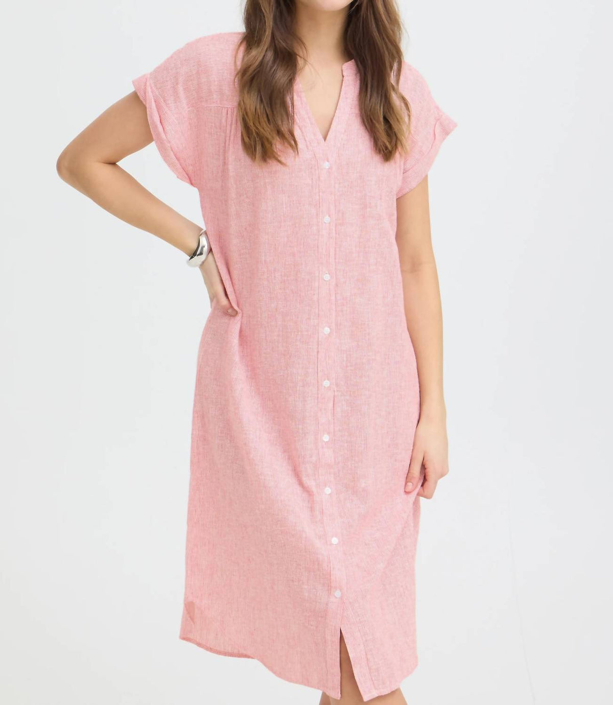 B.Young - Button Down Cuffed Sleeve Linen Dress