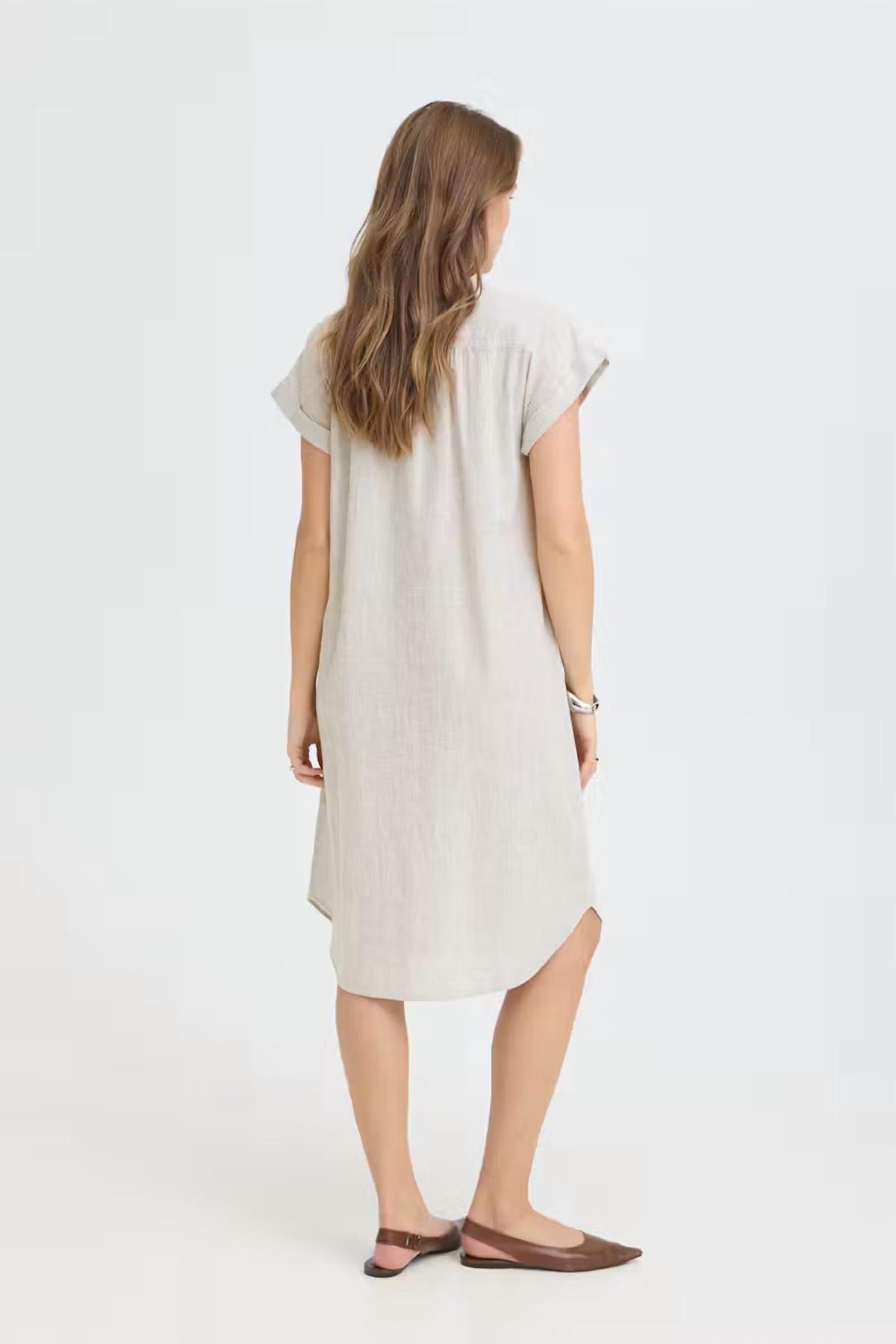 B.Young - Button Down Cuffed Sleeve Linen Dress