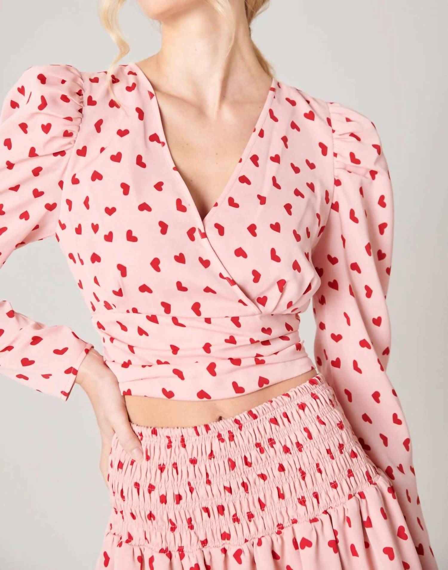 Sugarlips - Corazon Heart Print Surplice Cropped Top
