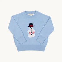 The Beaufort Bonnet Company Boy's Isaac Intarsia Sweater in beale street blue with snowman intarsia - kids' sweater - detail view