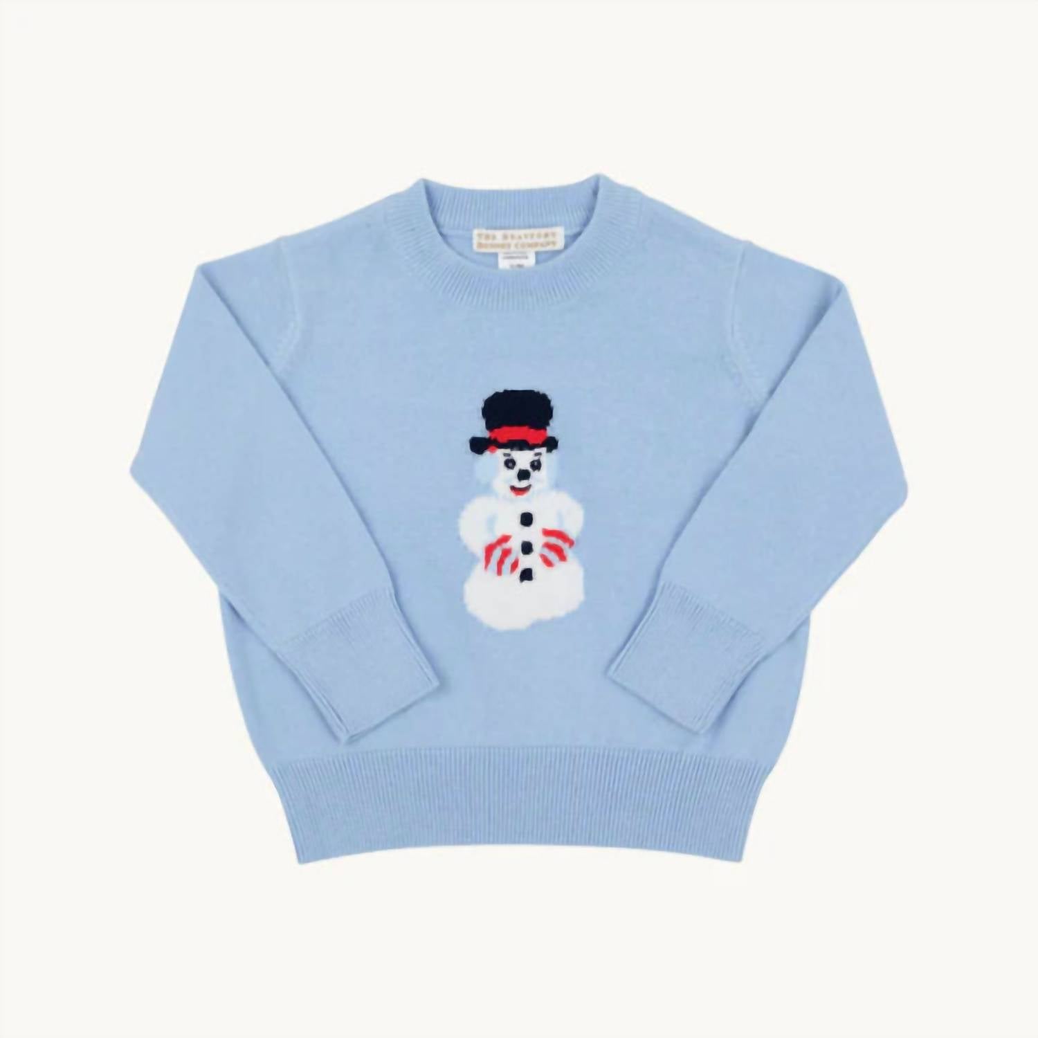 The Beaufort Bonnet Company Boy's Isaac Intarsia Sweater in beale street blue with snowman intarsia - kids' sweater - detail view