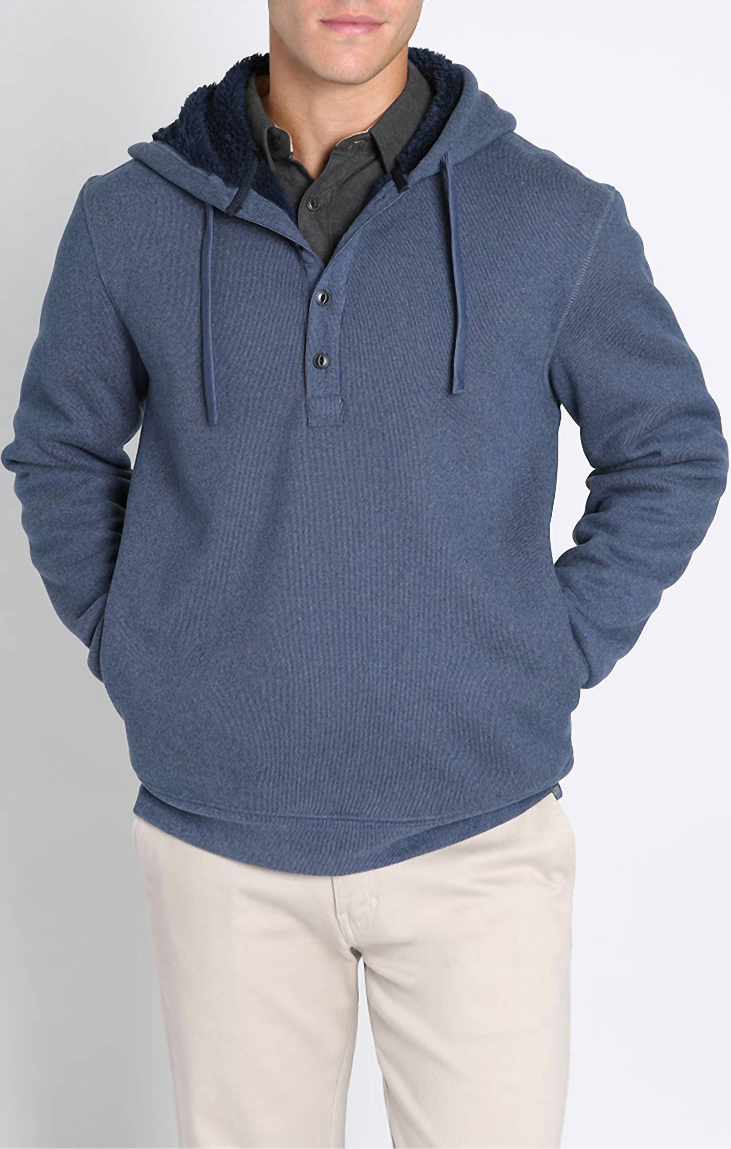Jachs New York - Sherpa Lined Ultra Soft Ribbed Hooded Henley Sweatshirt