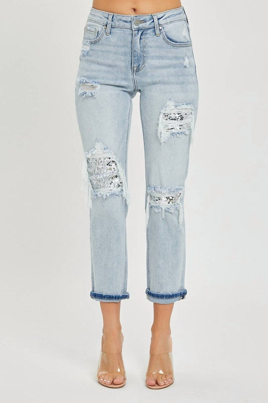 Risen - Midrise Sequin Patch Tapered Jeans