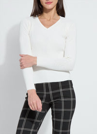 Lysse Adette V-neck Ribbed Long Sleeve Top in natural pearl - women's long sleeve top