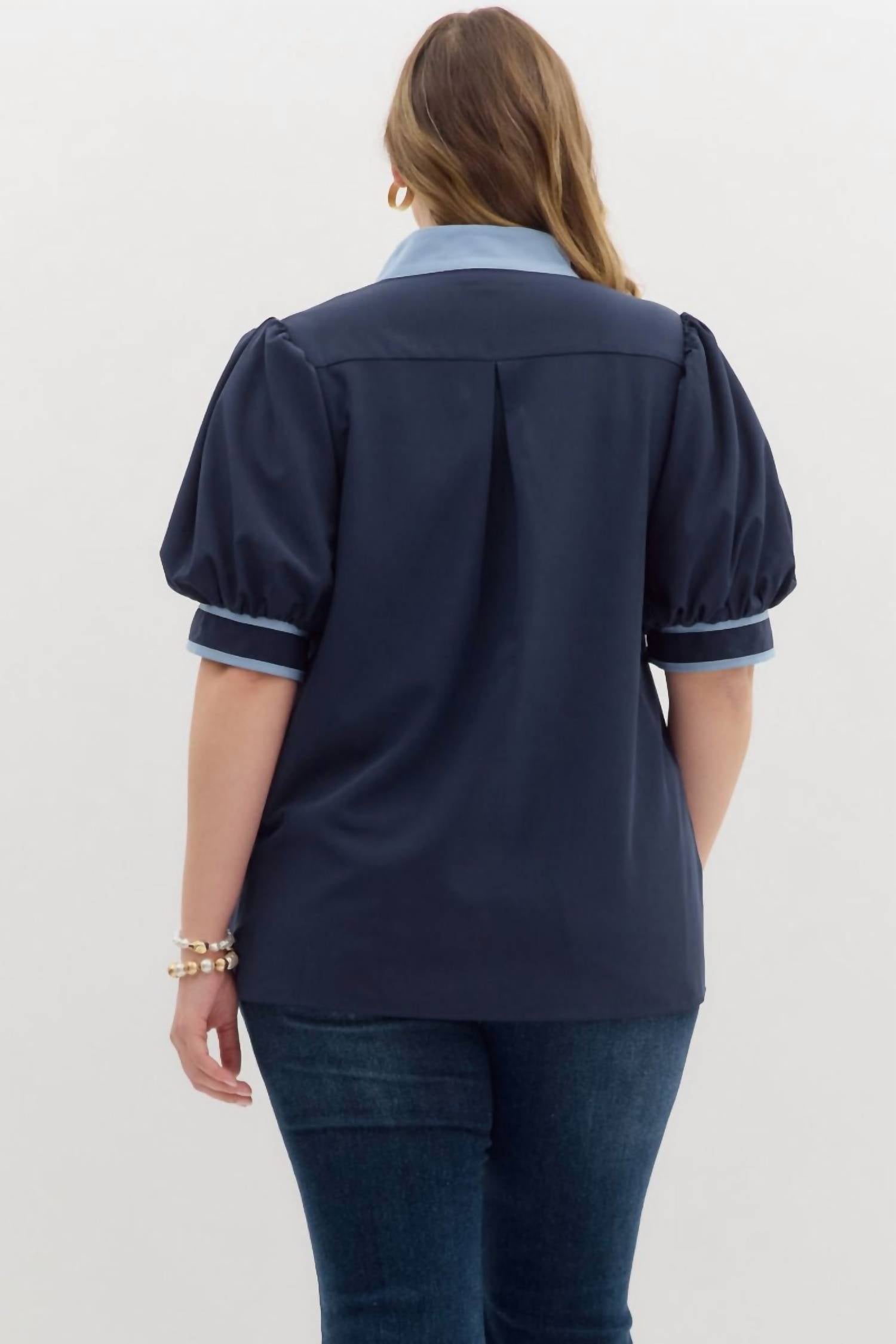 entro Two Color Puff Sleeve Top in navy - women's blouse - view 4