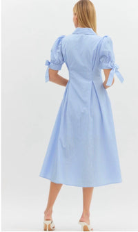 Entro - Pinstriped Puff Sleeve Midi Dress