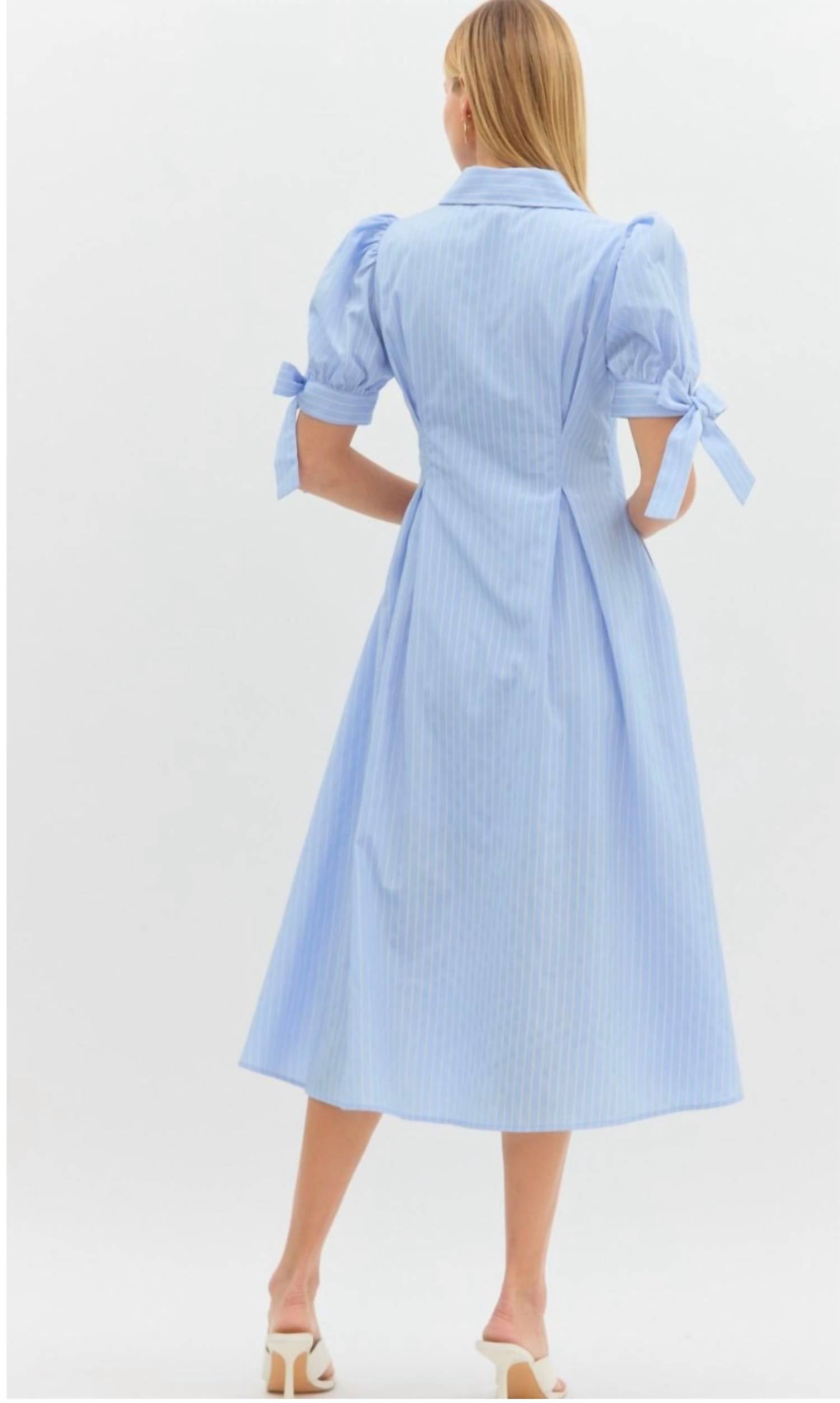 Entro - Pinstriped Puff Sleeve Midi Dress