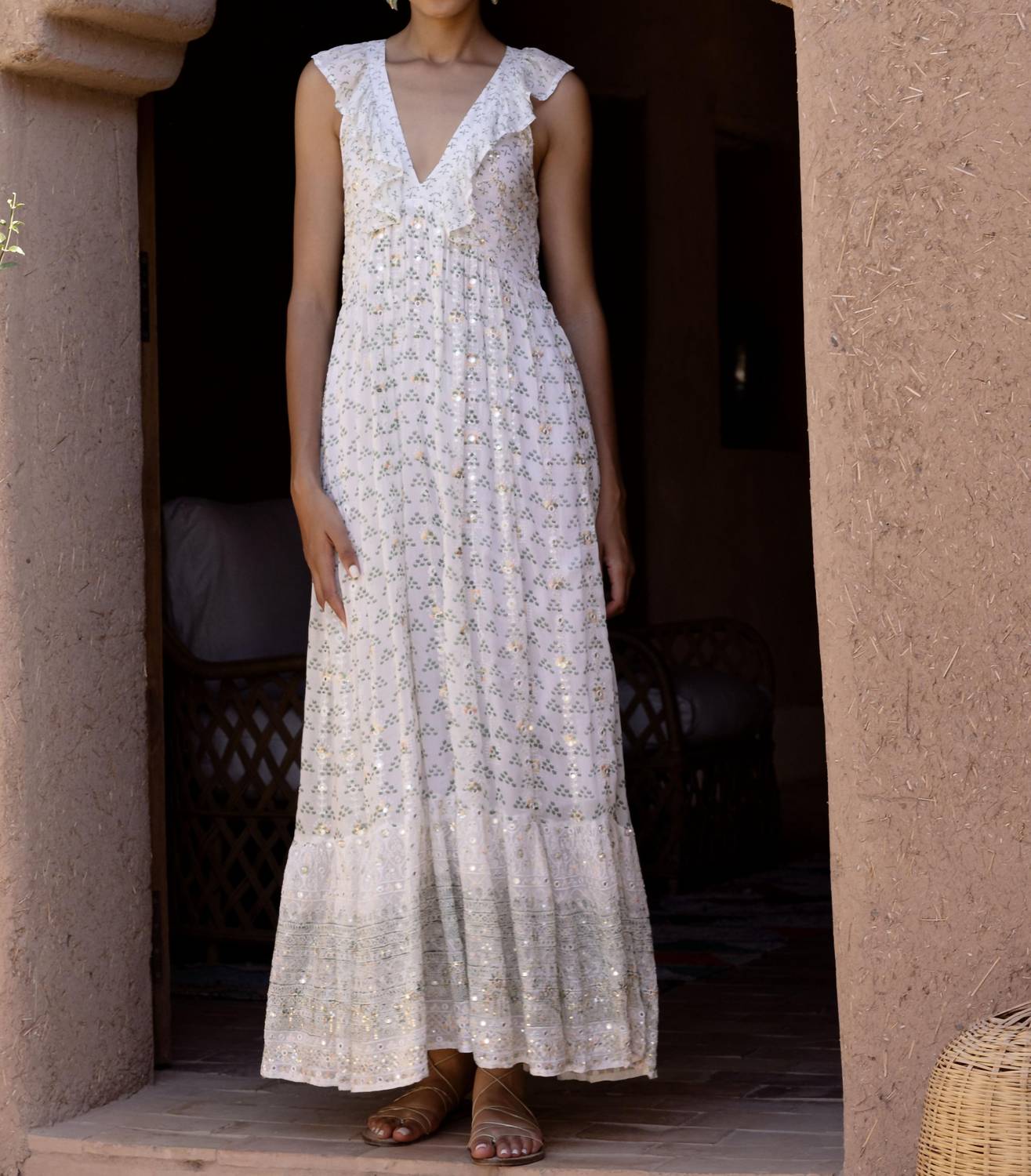Oliphant - Ruffle V-neck Maxi Dress
