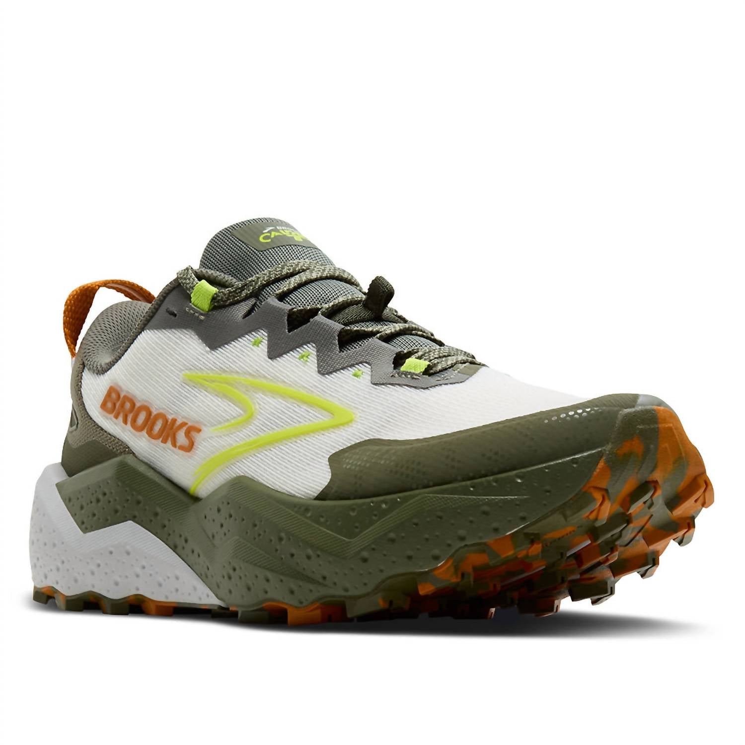 BROOKS Men's Caldera 8 Sneakers in 314 dusty olive lime oyster - men's shoe - detail view