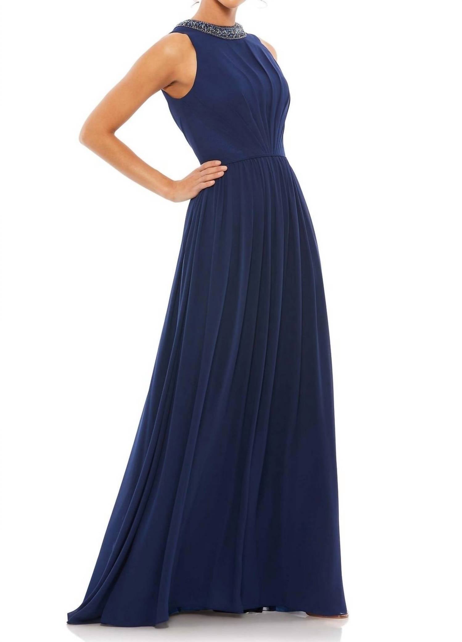 Mac Duggal - Bejeweled Neckline Pleated Chiffon Gown Dress