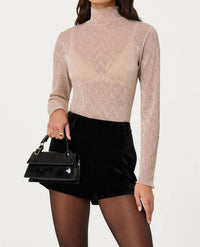 ASTR Kyra Sheer Metallic Top in champagne - women's long sleeve top
