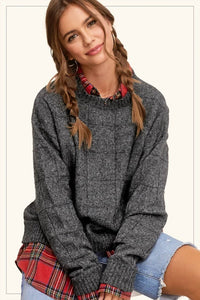 La Miel - Loose Fit Windowpane Two Tone Sweater
