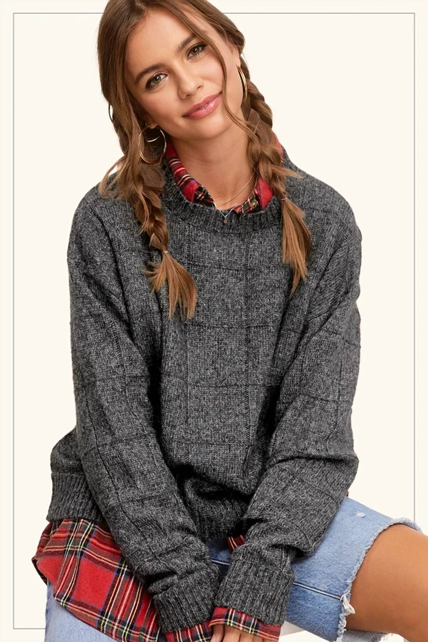 La Miel - Loose Fit Windowpane Two Tone Sweater