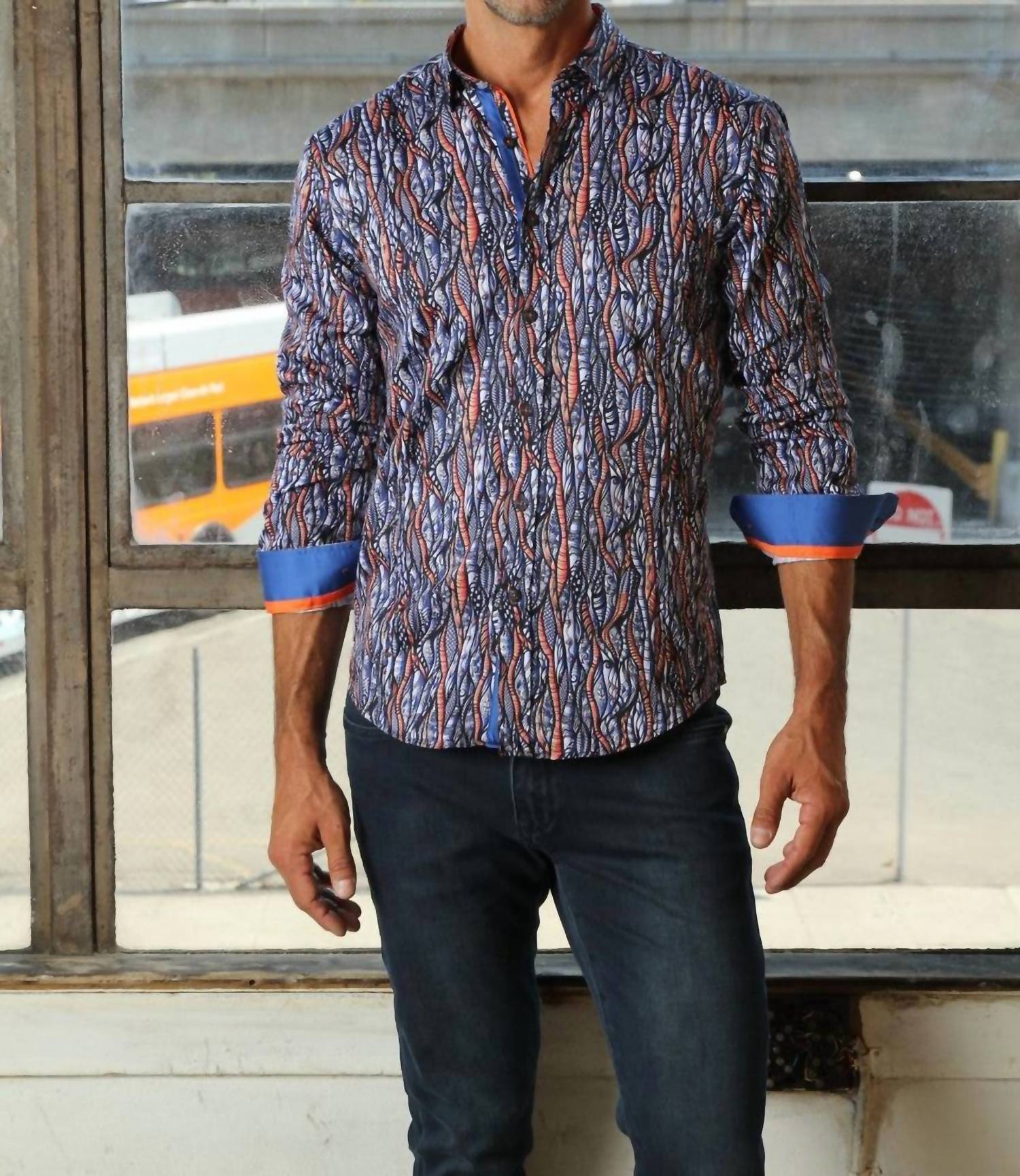 Eight X - Currents Print Button Down Shirt With Trim
