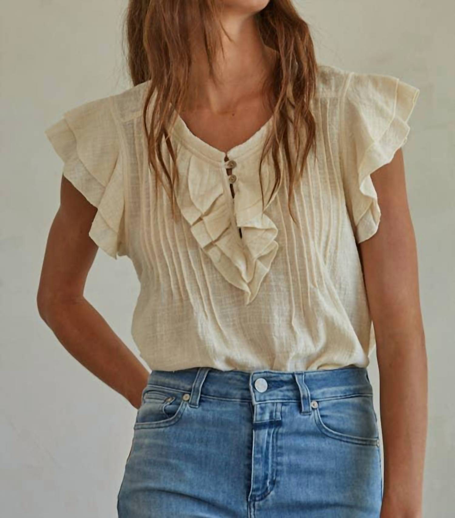 By Together - Woven Cotton Linen Button V-Neck Short Sleeve Top