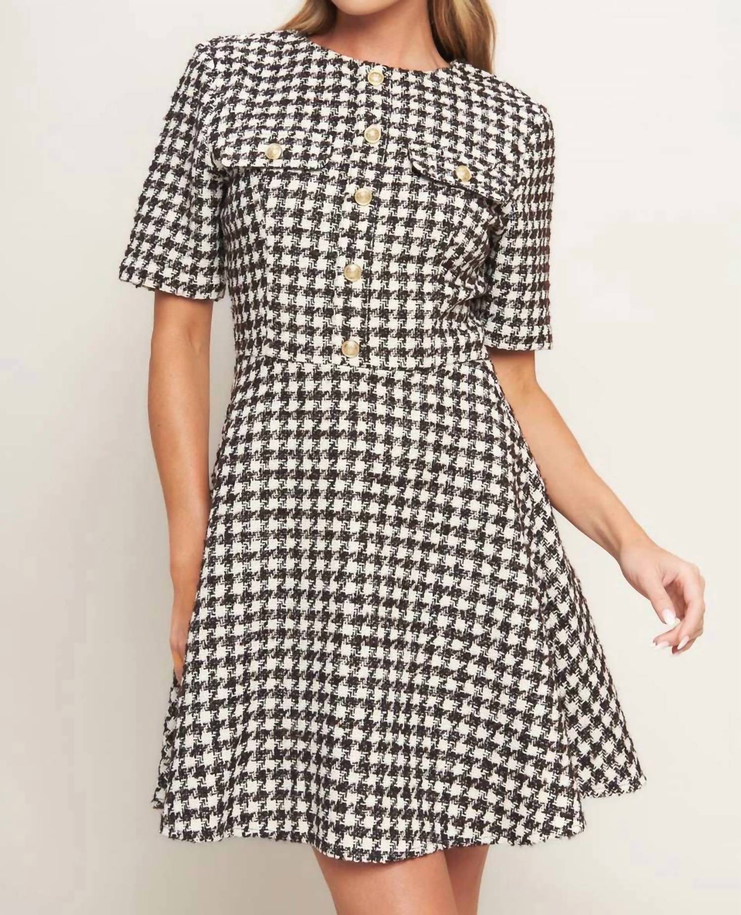 Flying Tomato - Tilde Short Sleeve Button Tweed Mini Dress