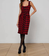 L'Agence Aya Tweed Midi Dress in red black houndstooth - women's dress