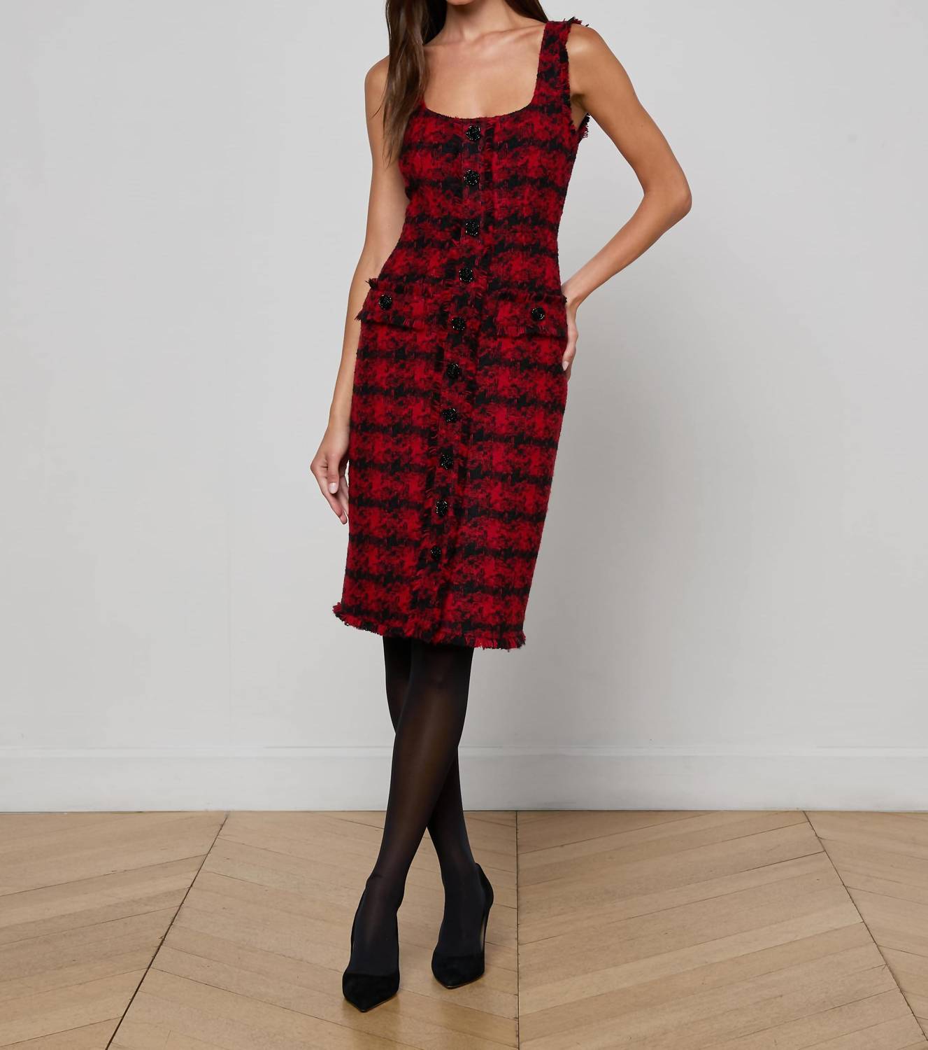 L'Agence Aya Tweed Midi Dress in red black houndstooth - women's dress