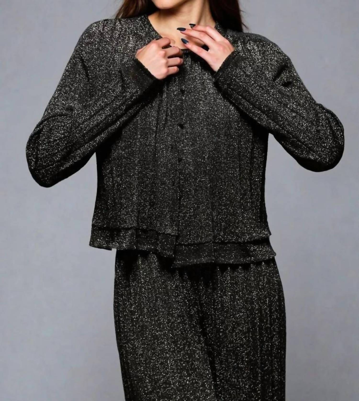 Minnie Rose - Lurex Long Sleeve Pleated Cardigan