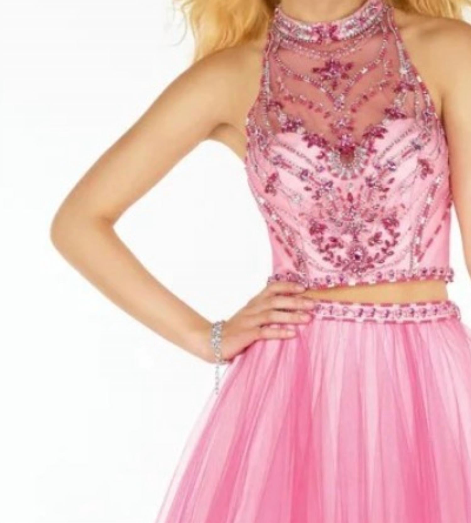 ALYCE PARIS Two Piece Halter Tulle Prom Dress in rose - women's dress - detail view