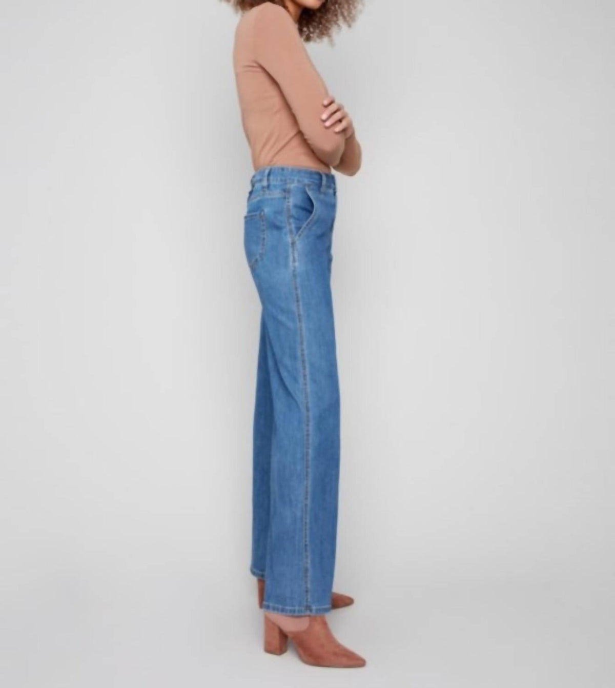 Charlie B - Wide Leg Stretch Denim Pants With Slash Pockets