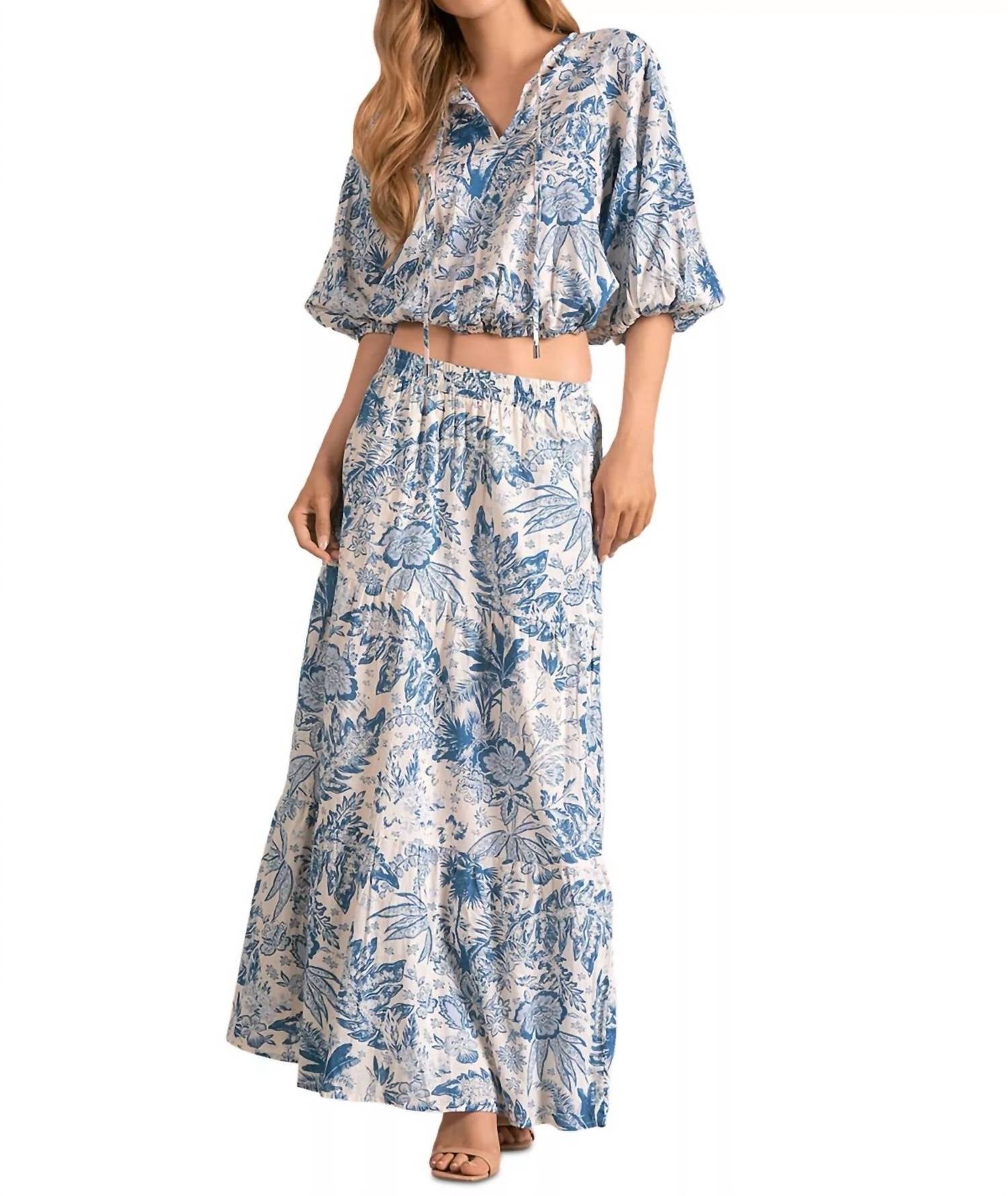 ELAN Puff Sleeve Crop Top in blue leafy flower - women's shirt - detail view