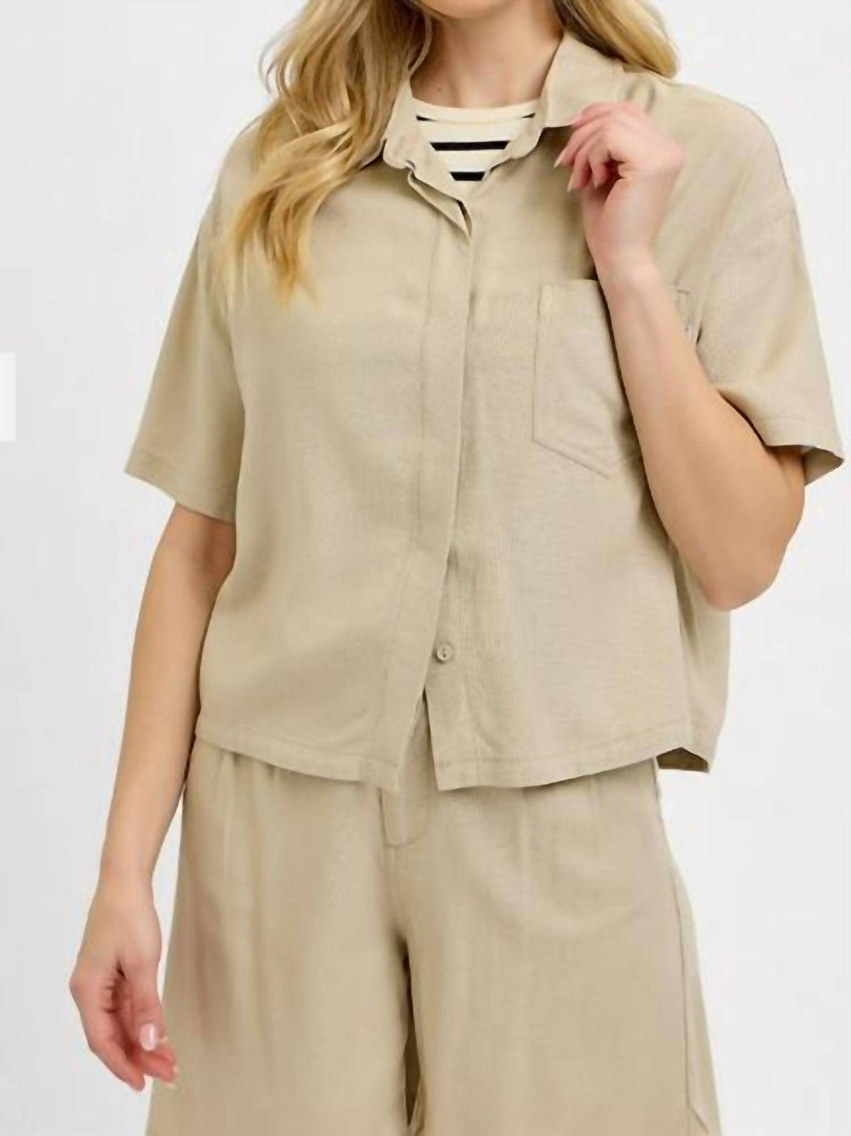 RISEN Half Sleeve Oversize Linen Shirt in beige - women's shirt - detail view