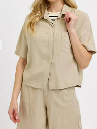 RISEN Half Sleeve Oversize Linen Shirt in beige - women's shirt - detail view