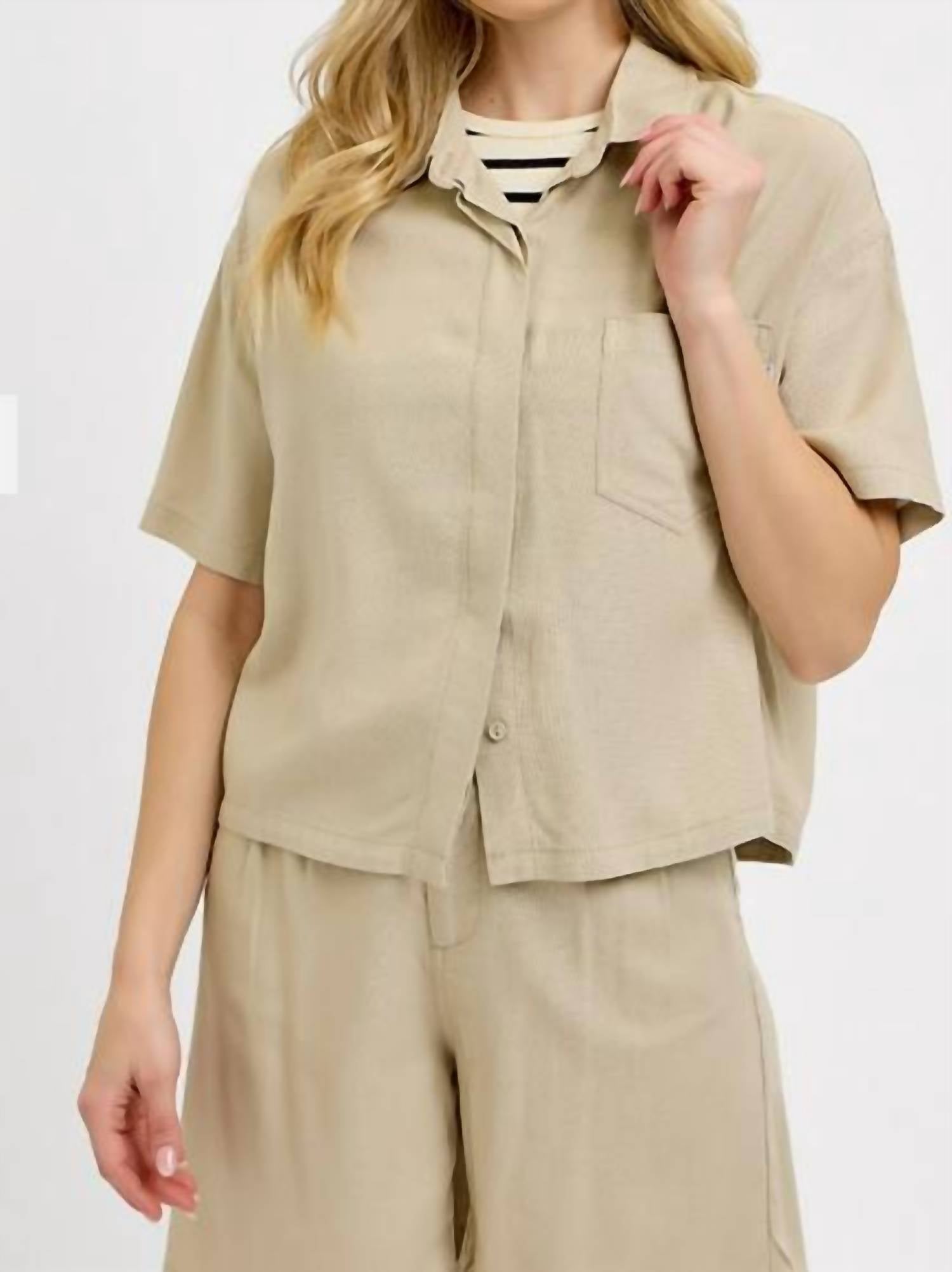 RISEN Half Sleeve Oversize Linen Shirt in beige - women's shirt - detail view