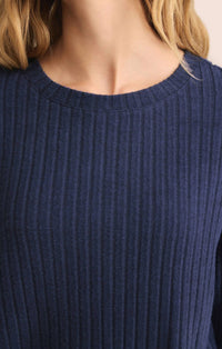 Z Supply Elfie Rib Top in blue sapphire - women's long sleeve top - detail view