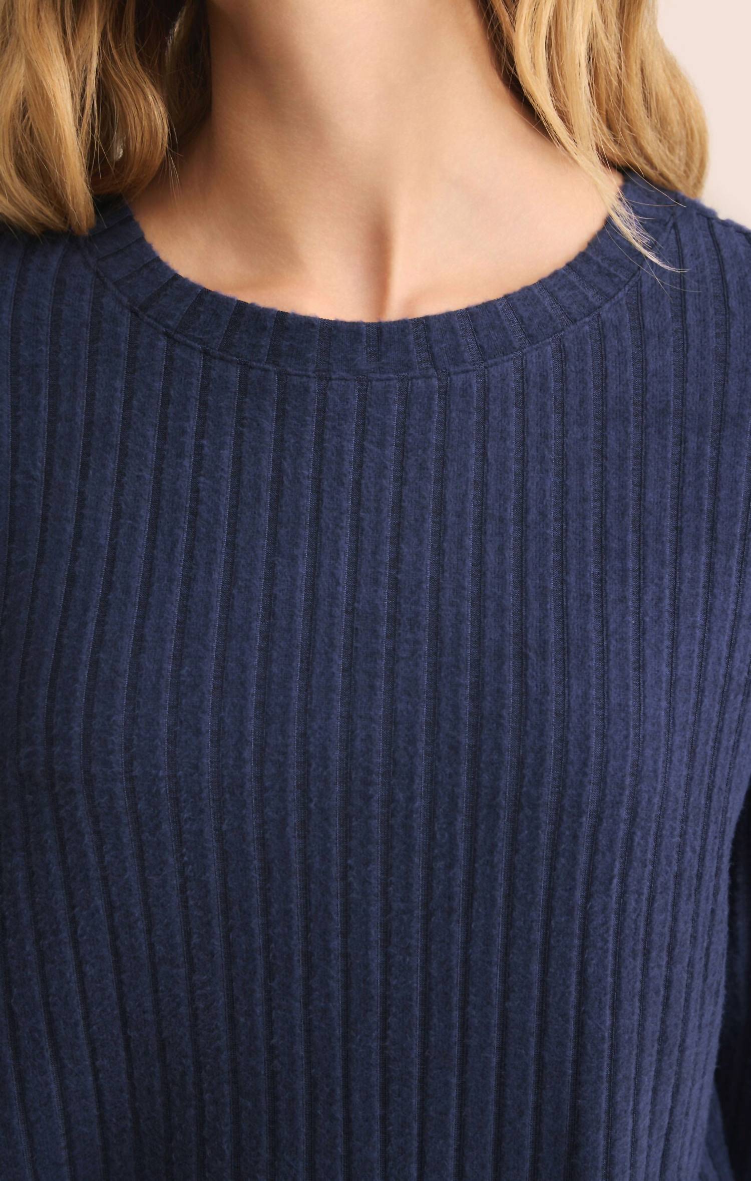 Z Supply Elfie Rib Top in blue sapphire - women's long sleeve top - detail view