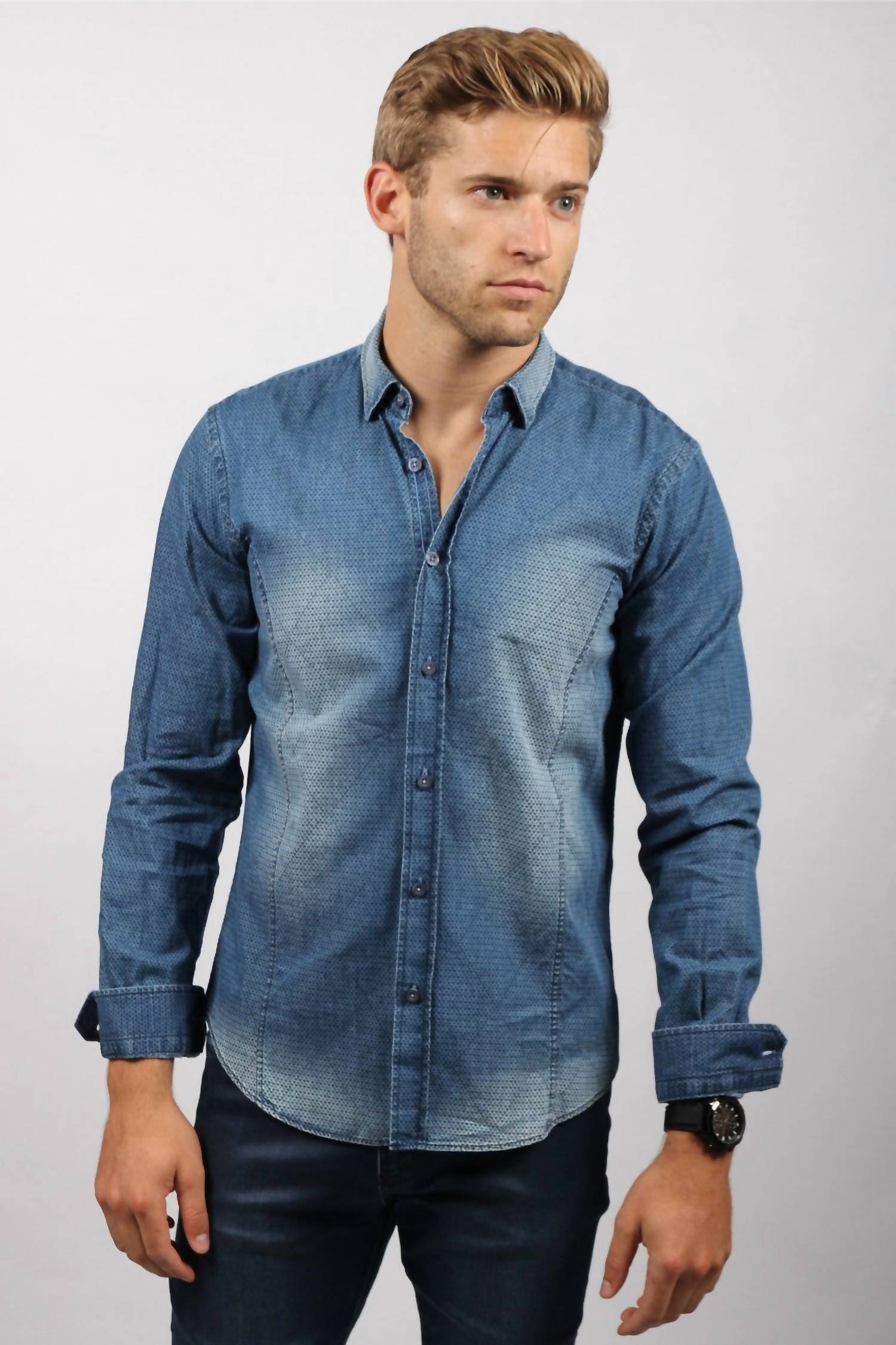 Eight X - Pattern Stone Wash Denim Button Down Shirt