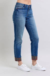 Judy Blue - Mid Rise Plaid Print Cuff Boyfriend Jean