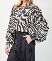 Ee:Some - Printed Bubble Sleeve Button Down Top