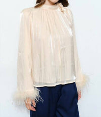 Skies Are Blue - Delphine Metallic Shimmer Bow Tie Feather Hem Blouse Top