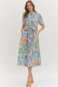 Entro - Puff Sleeve Midi Dress With Tie Waist