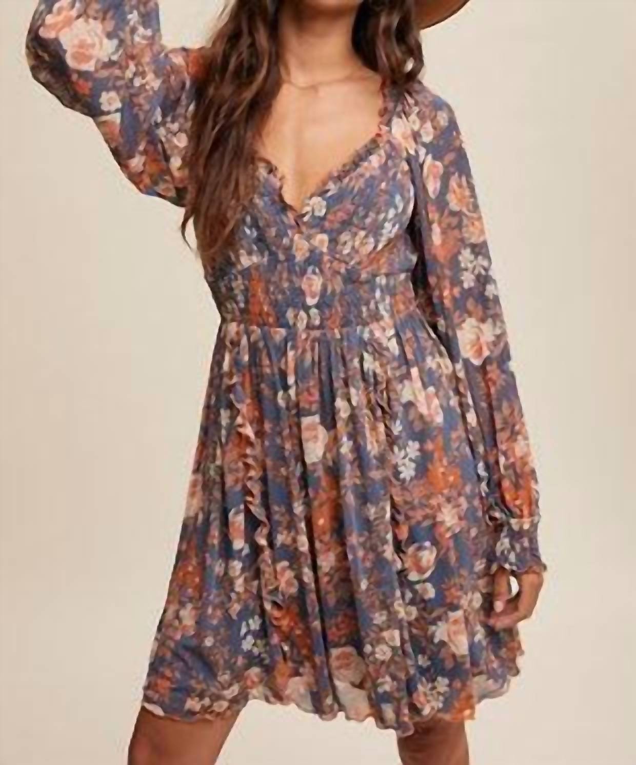 Listicle - Floral Print Smocked Long Sleeve Dress