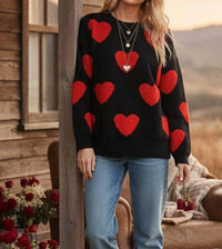 Sewn and Seen Oversized Valentine Side Slit Heart Sweater in black red - women's sweater - detail view