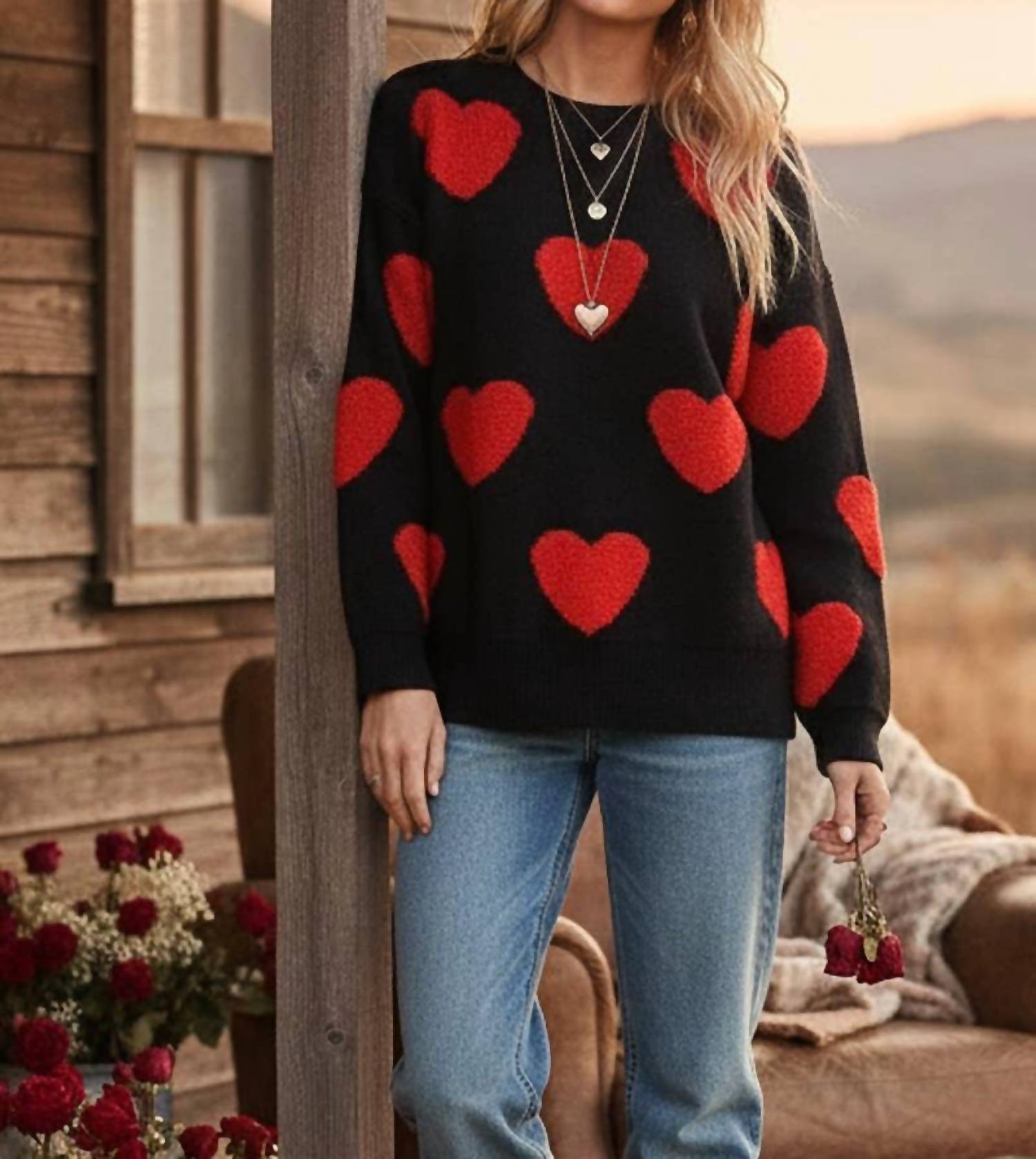 Sewn and Seen Oversized Valentine Side Slit Heart Sweater in black red - women's sweater - detail view