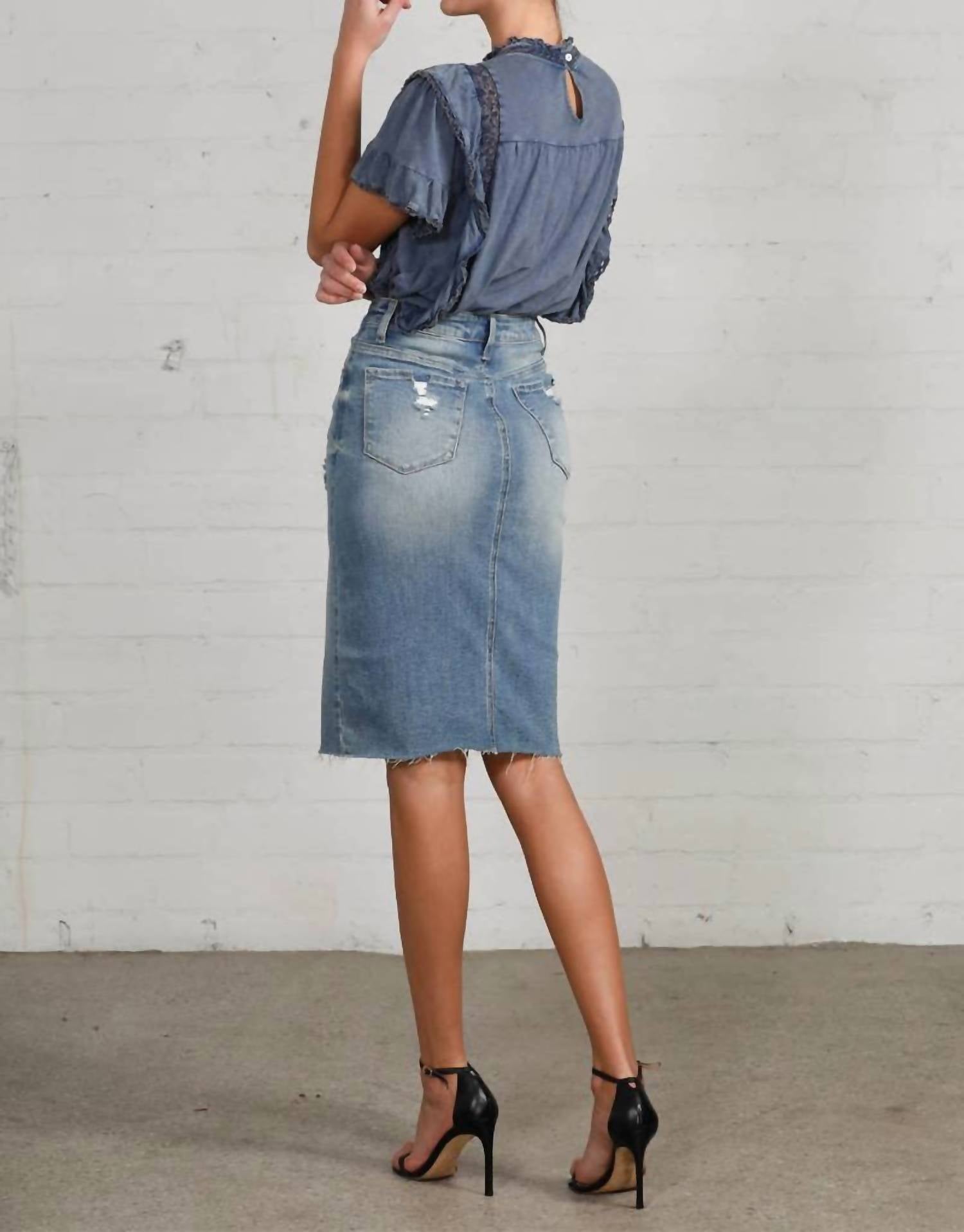 Insane Gene - Jacy High Rise Stretch Raw Hem Knee Length Skirt