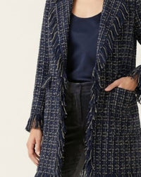 Grace Chuang Long Metallic Tweed Jacket With Fringe in blue multi - women's jacket - detail view