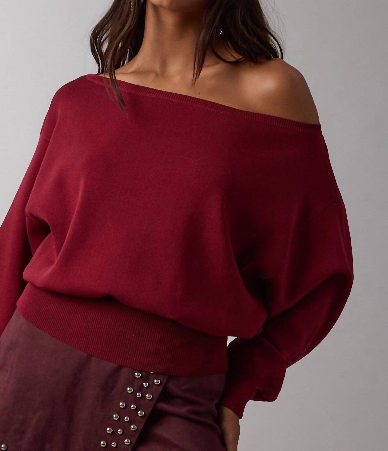 Sky to Moon Newport Off The Shoulder Sweater in dark red - women's sweater
