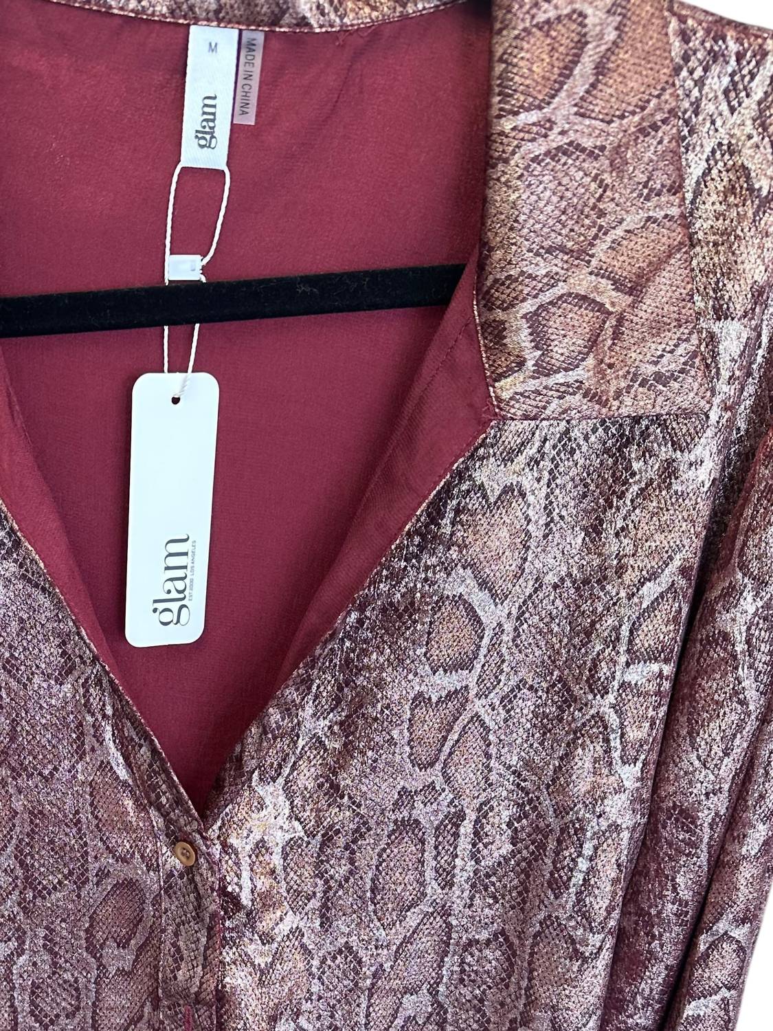 GLAM Women's Snakeskin Long Sleeve Blouse in burgundy - women's blouse - alternate view
