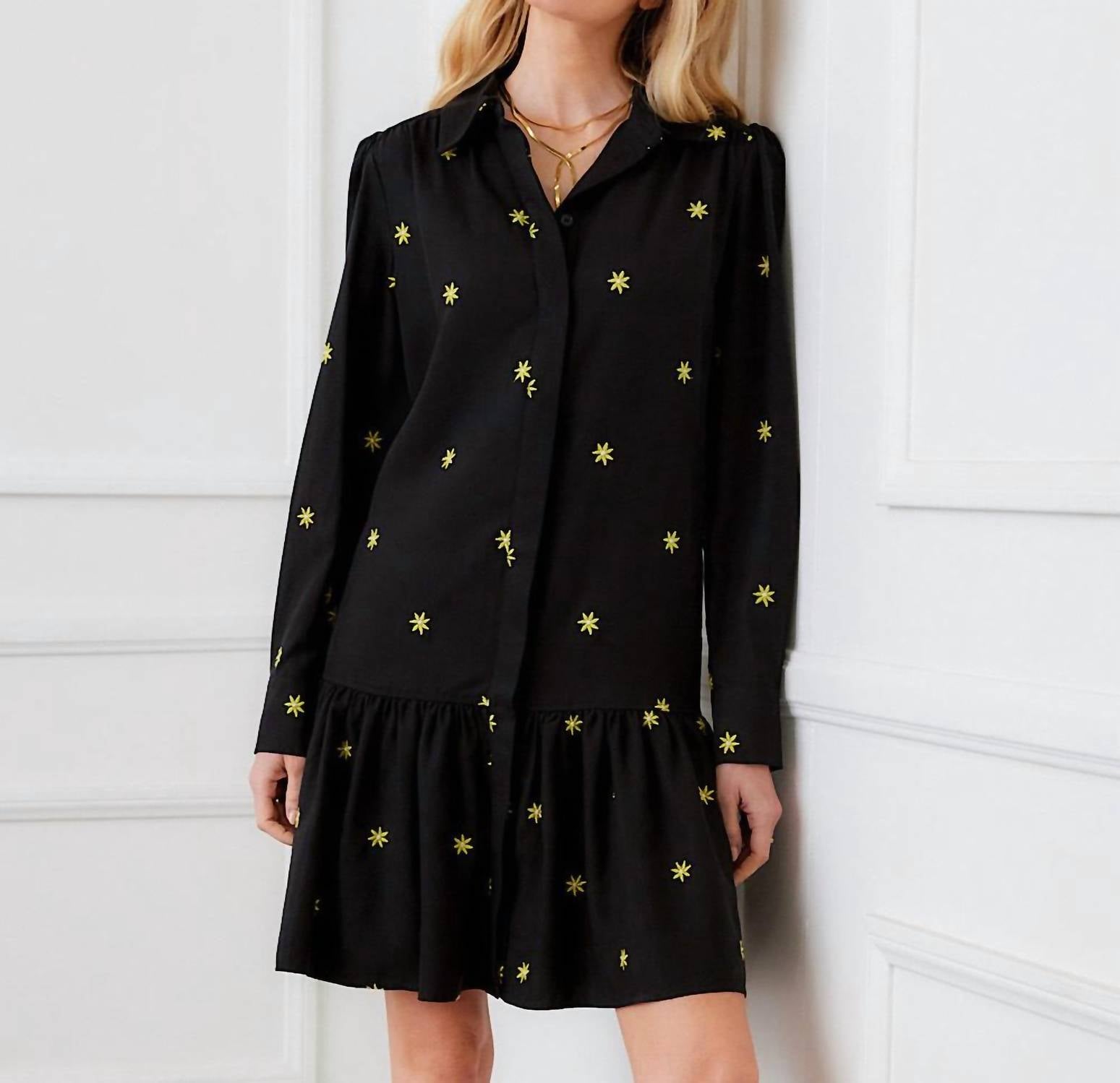 Karen Kane Long Sleeve Embroidered Ruffle Hem Dress in black - women's dress - view 5