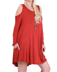 umgee Cold Shoulder T-shirt Dress in rust - women's dress - detail view